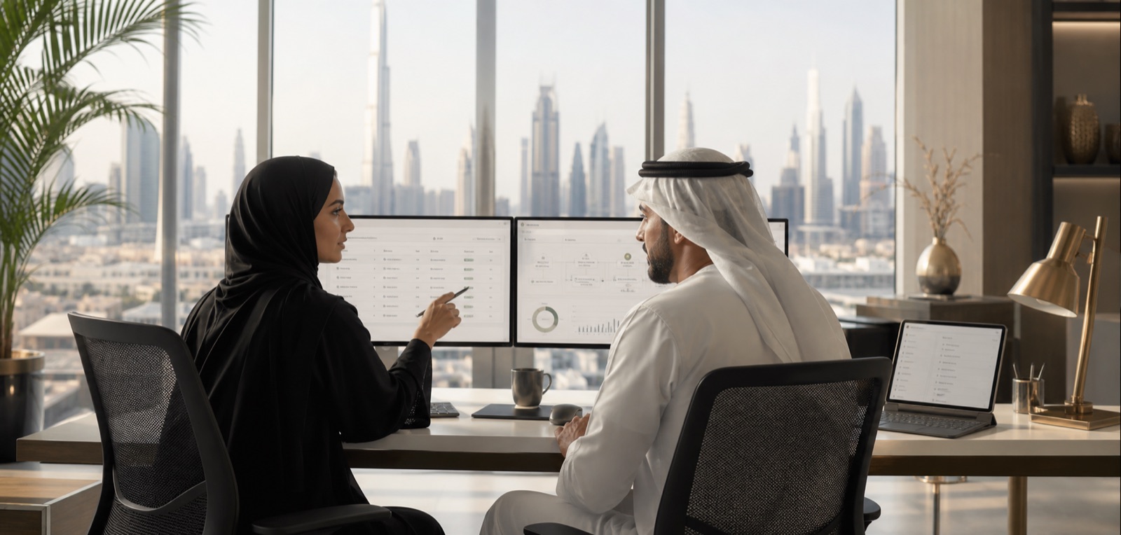 Service operations team reviewing AI-assisted workflows in a Dubai office.